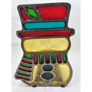 CHRISTMAS Cast Iron Stained Glass Snowman Votive Tea Light 6" Sun Catcher